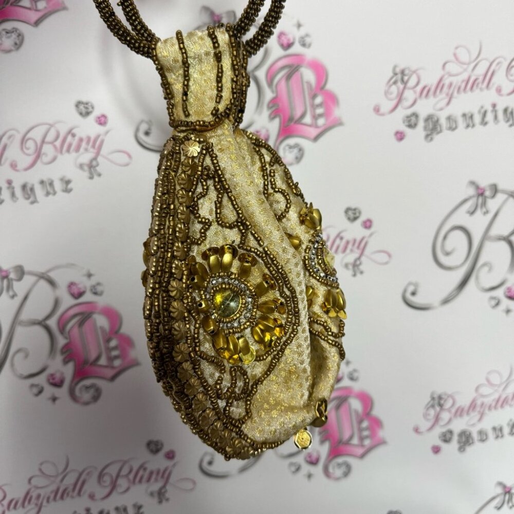 Bag Folded Handmade India-Gold Sequin Beads/Rhinestones/Wristlet/Purse/Bag round - Picture 5 of 12